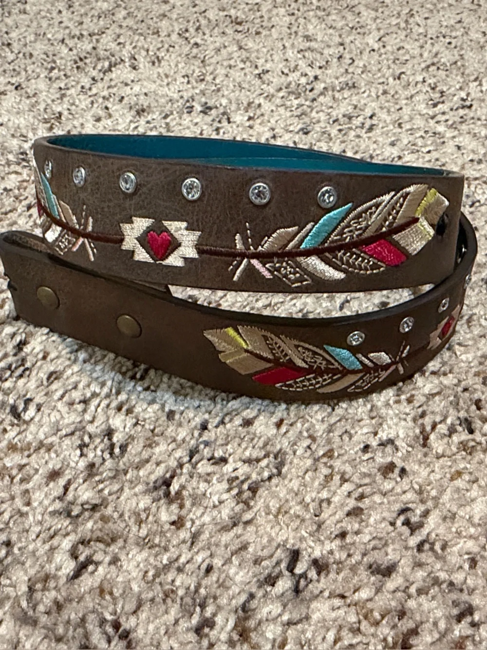 Girls Embroidered Feather Pattern Brown Belt